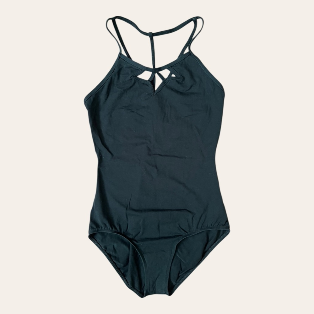 Natalie Dancewear strappy black cami leotard with cutout neckline Large